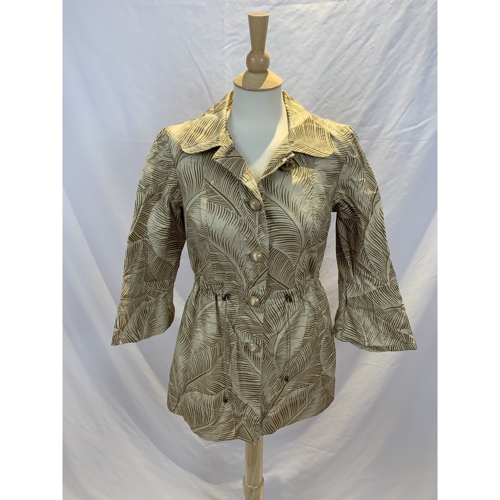 Nic + Zoe Women's Size Small Coat Beige Tan Tropical Print Jacket Safari Trench